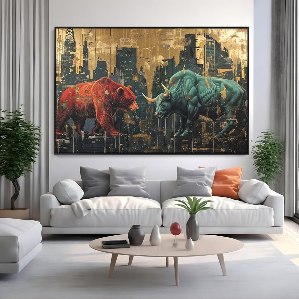 Tablou canvas cu tablou canvas cu taur si urs, in rama de aluminiu negru, pe perete intr-un living